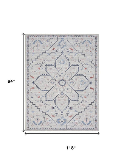 8' X 10' Ivory and Blue Oriental Power Loom Washable Area Rug