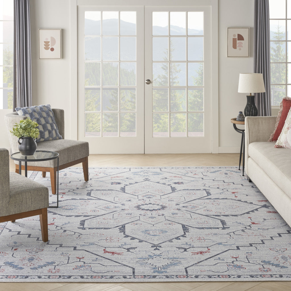 8' X 10' Ivory and Blue Oriental Power Loom Washable Area Rug