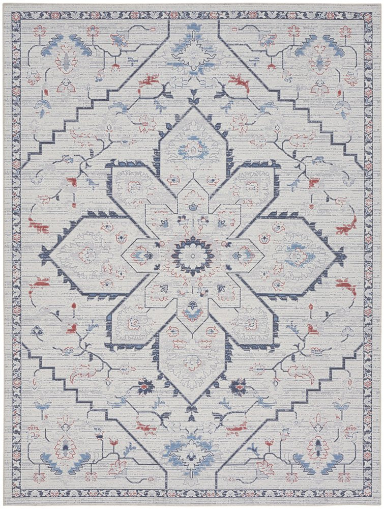 8' X 10' Ivory and Blue Oriental Power Loom Washable Area Rug