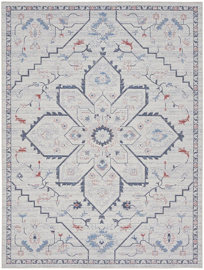 8' X 10' Ivory and Blue Oriental Power Loom Washable Area Rug