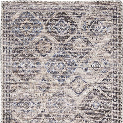 10' Ivory and Tan Floral Power Loom Distressed Washable Runner Rug