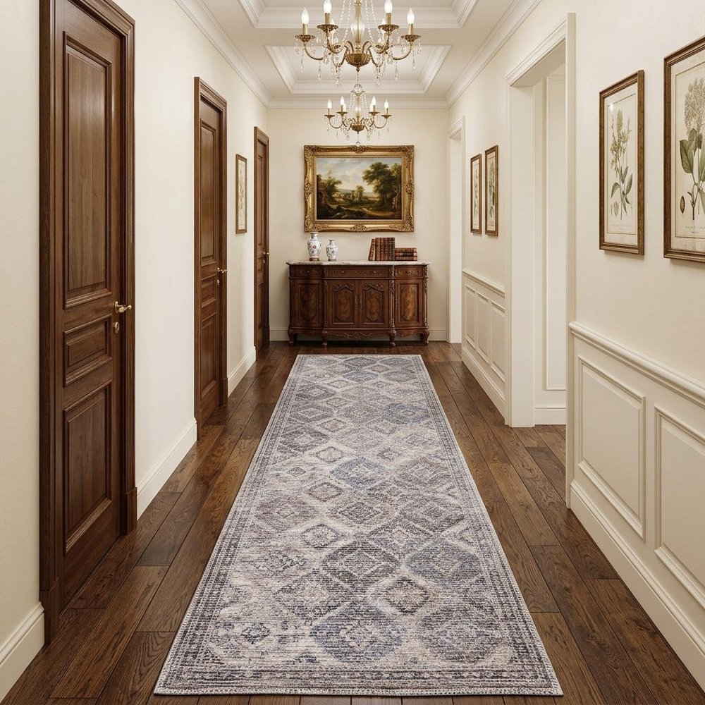 10' Ivory and Tan Floral Power Loom Distressed Washable Runner Rug