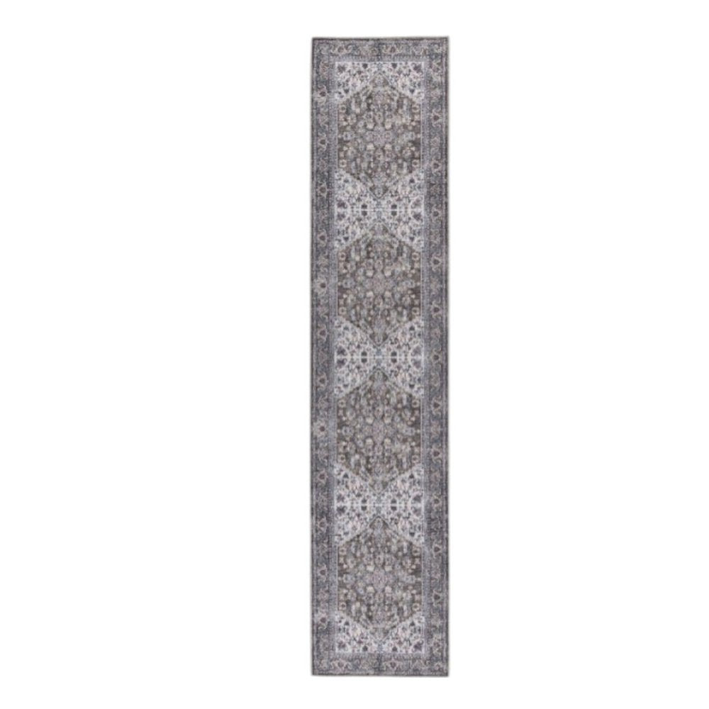 10' Green and Ivory Floral Power Loom Distressed Washable Runner Rug