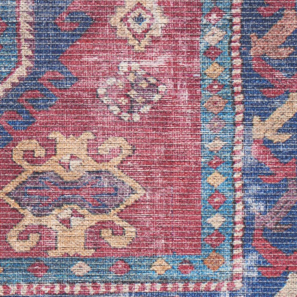 10' Blue and Red Floral Power Loom Distressed Washable Runner Rug