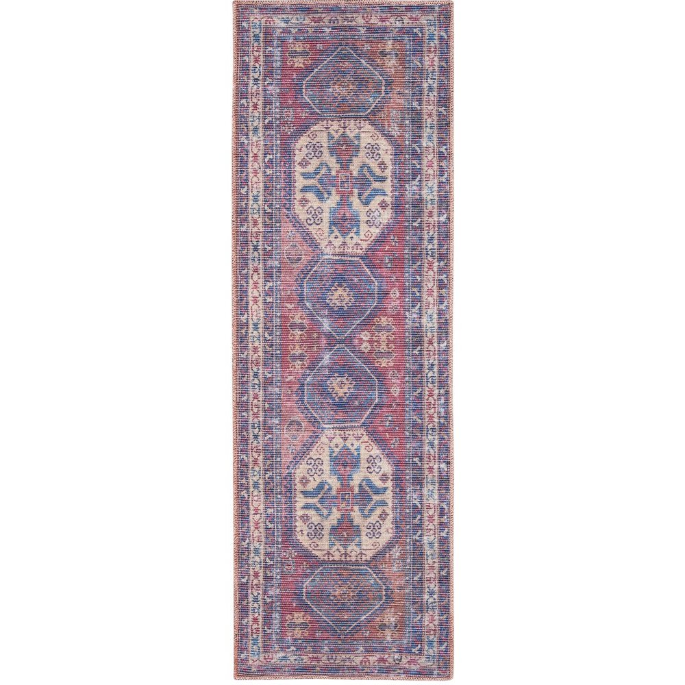 10' Blue and Red Floral Power Loom Distressed Washable Runner Rug