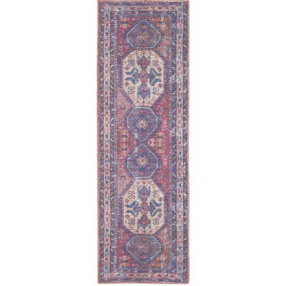 10' Blue and Red Floral Power Loom Distressed Washable Runner Rug