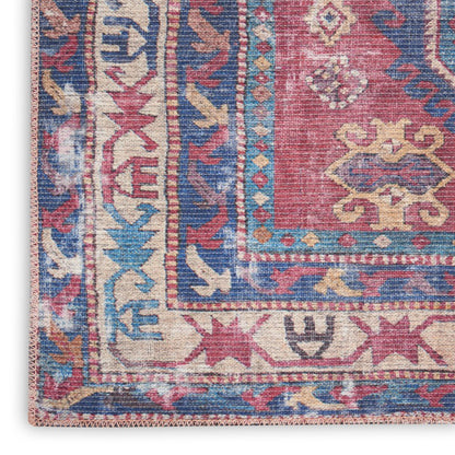 10' Blue and Red Floral Power Loom Distressed Washable Runner Rug