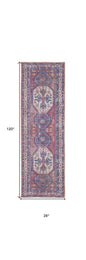 10' Blue and Red Floral Power Loom Distressed Washable Runner Rug