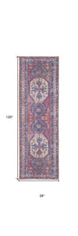 10' Blue and Red Floral Power Loom Distressed Washable Runner Rug