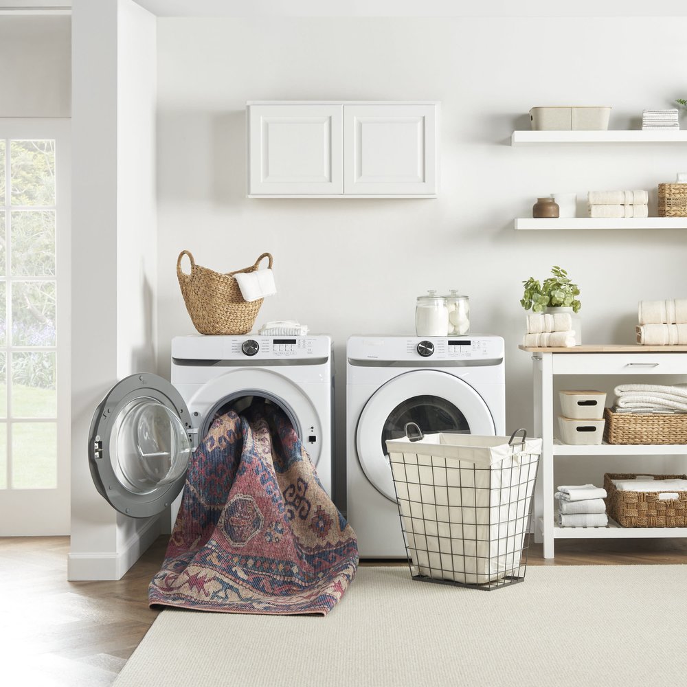 10' Blue and Red Floral Power Loom Distressed Washable Runner Rug