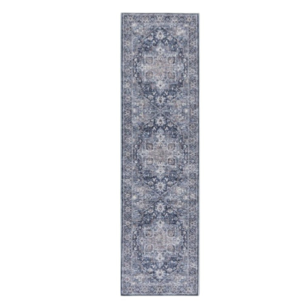 10' Blue and Ivory Floral Power Loom Distressed Washable Runner Rug