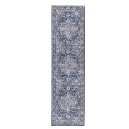 10' Blue and Ivory Floral Power Loom Distressed Washable Runner Rug