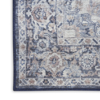 10' Blue and Ivory Floral Power Loom Distressed Washable Runner Rug