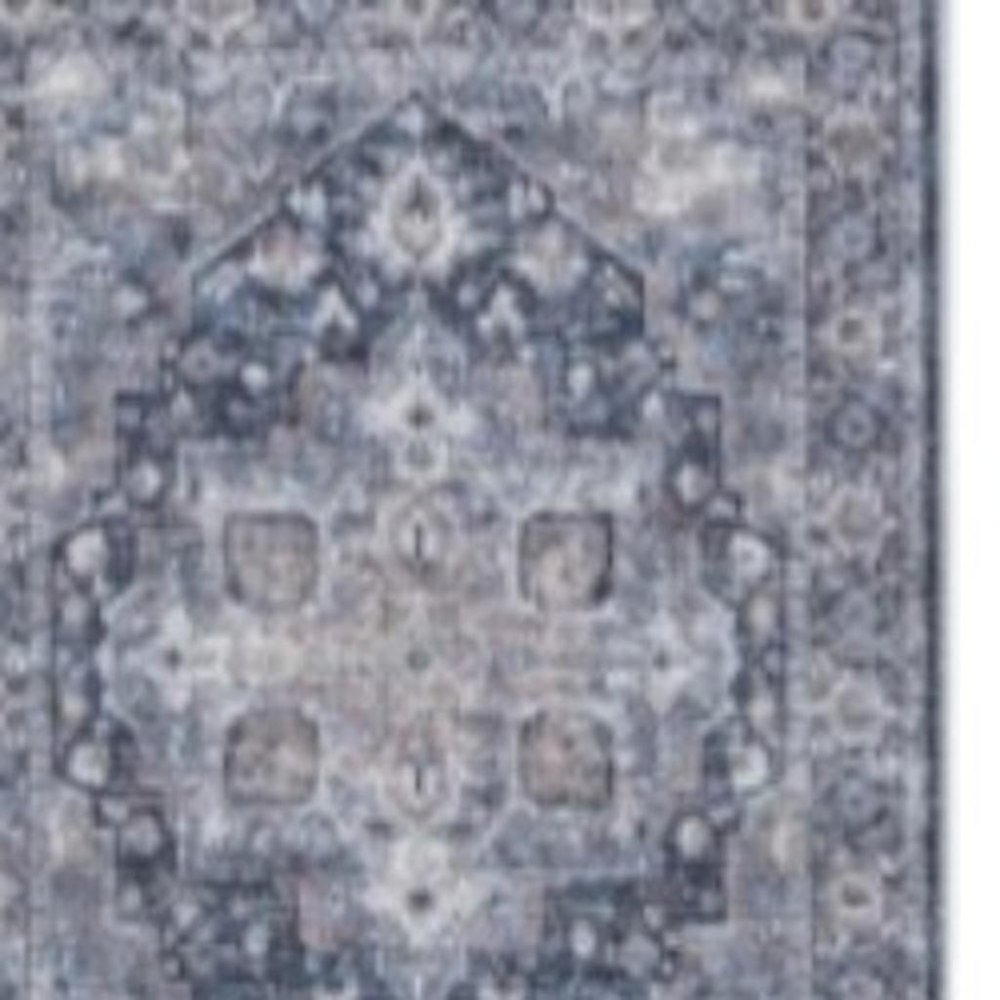 10' Blue and Ivory Floral Power Loom Distressed Washable Runner Rug