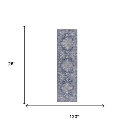 10' Blue and Ivory Floral Power Loom Distressed Washable Runner Rug