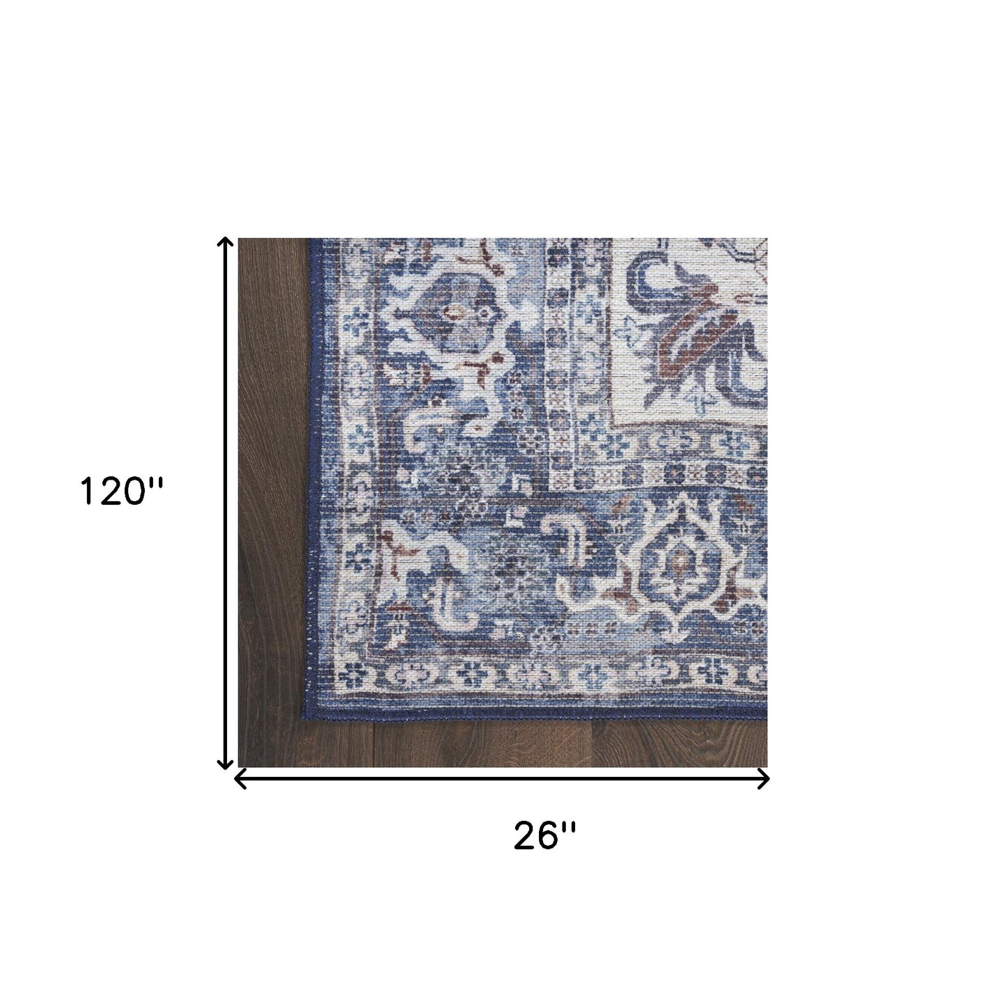 10' Blue and Ivory Floral Power Loom Distressed Washable Runner Rug