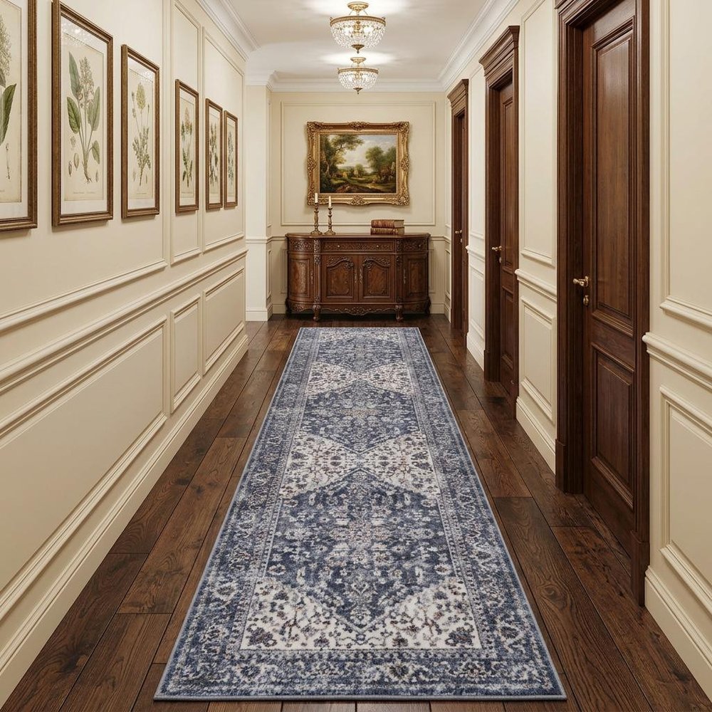 10' Blue and Ivory Floral Power Loom Distressed Washable Runner Rug