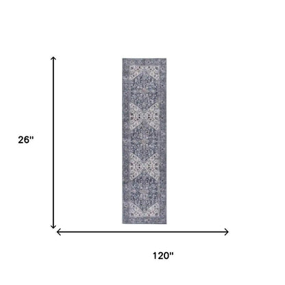 10' Blue and Ivory Floral Power Loom Distressed Washable Runner Rug