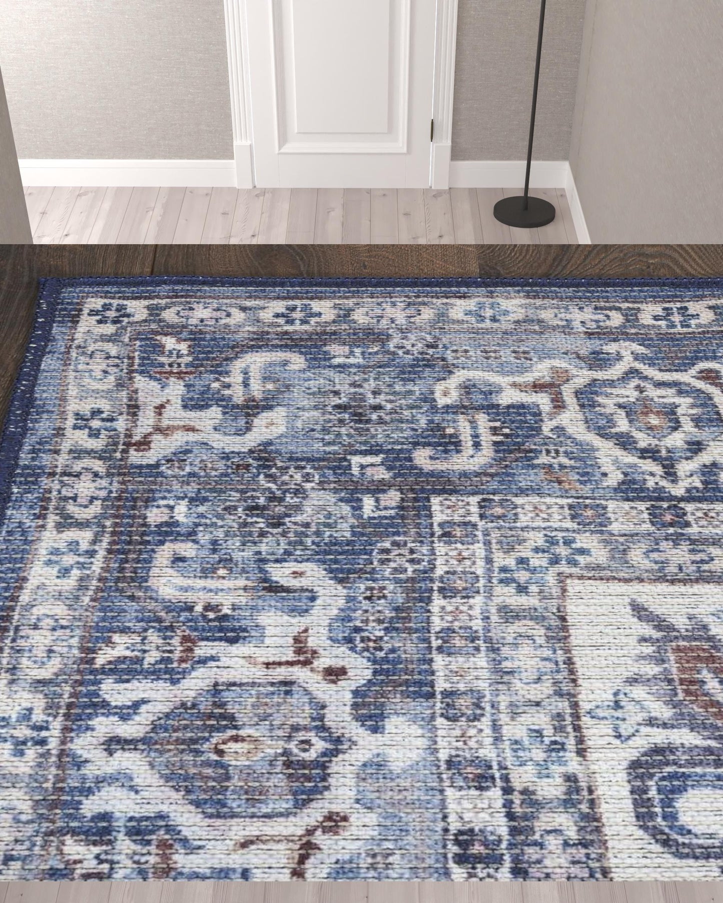 10' Blue and Ivory Floral Power Loom Distressed Washable Runner Rug