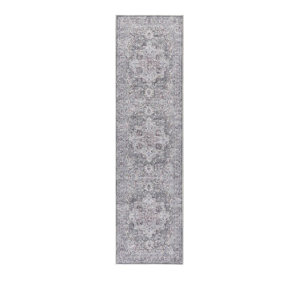 10' Gray and Ivory Floral Power Loom Distressed Washable Runner Rug