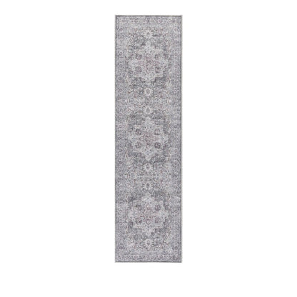 10' Gray and Ivory Floral Power Loom Distressed Washable Runner Rug