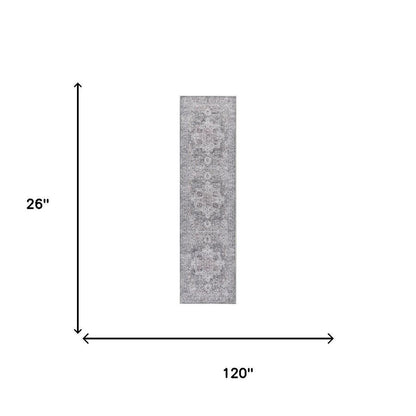10' Gray and Ivory Floral Power Loom Distressed Washable Runner Rug
