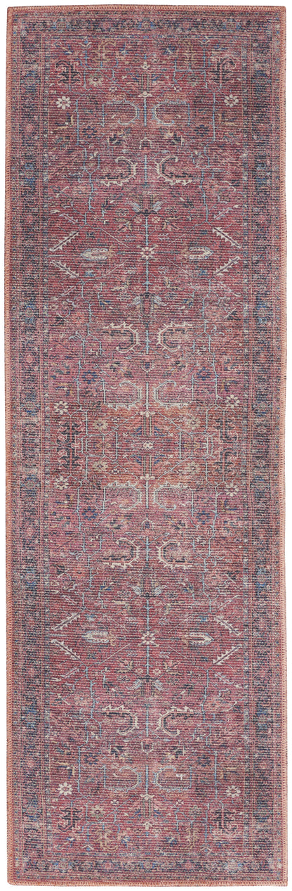 10' Blue and Red Floral Power Loom Distressed Washable Runner Rug