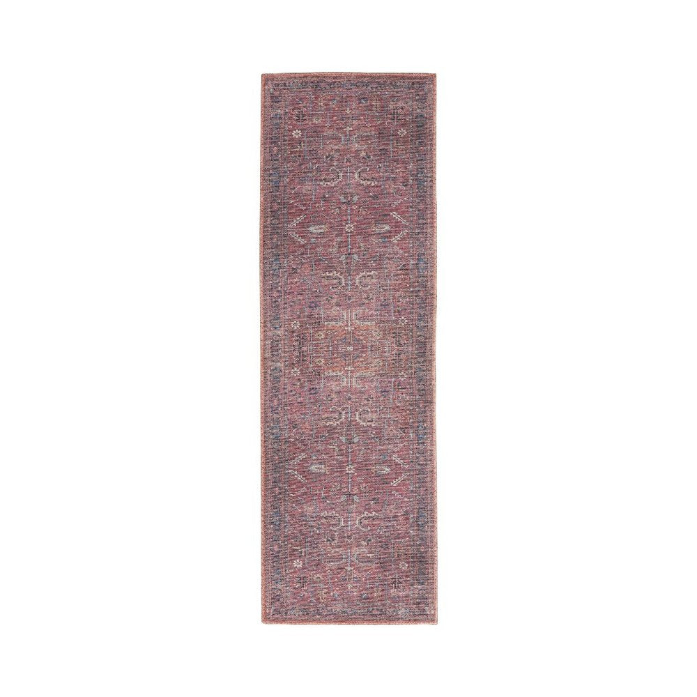 10' Blue and Red Floral Power Loom Distressed Washable Runner Rug