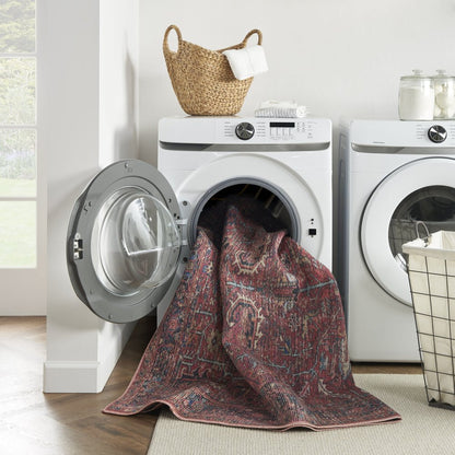 10' Blue and Red Floral Power Loom Distressed Washable Runner Rug