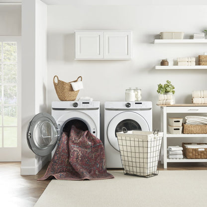 10' Blue and Red Floral Power Loom Distressed Washable Runner Rug