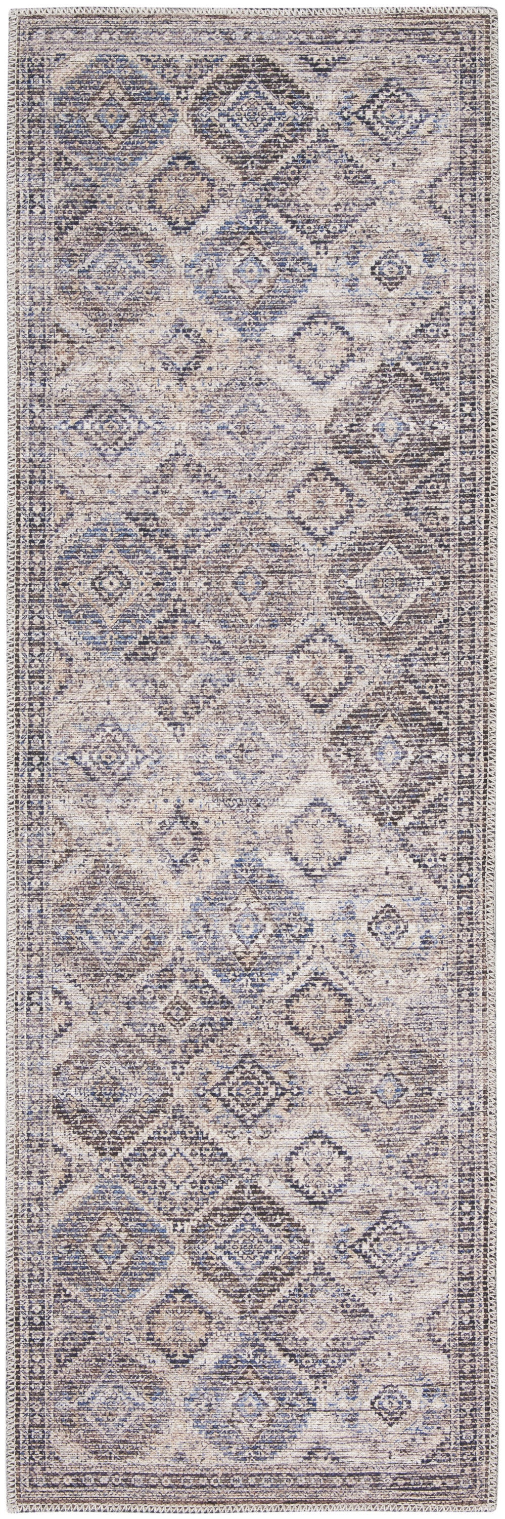 8' Ivory and Tan Floral Power Loom Distressed Washable Runner Rug