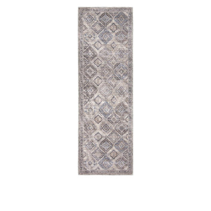 8' Ivory and Tan Floral Power Loom Distressed Washable Runner Rug