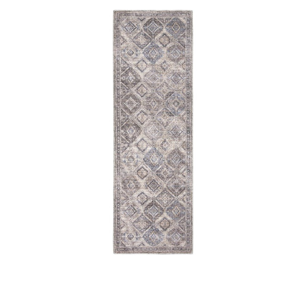 8' Ivory and Tan Floral Power Loom Distressed Washable Runner Rug