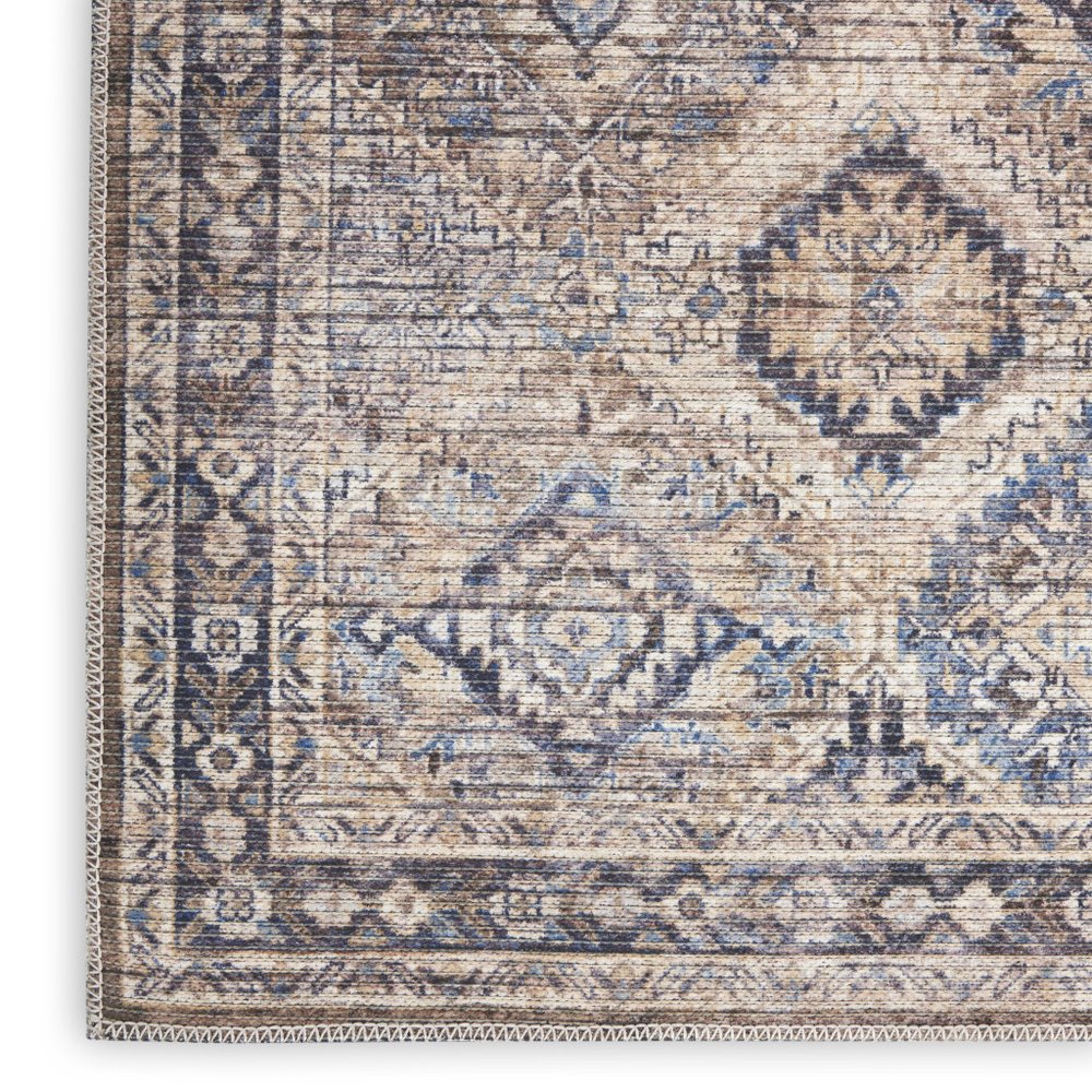 8' Ivory and Tan Floral Power Loom Distressed Washable Runner Rug