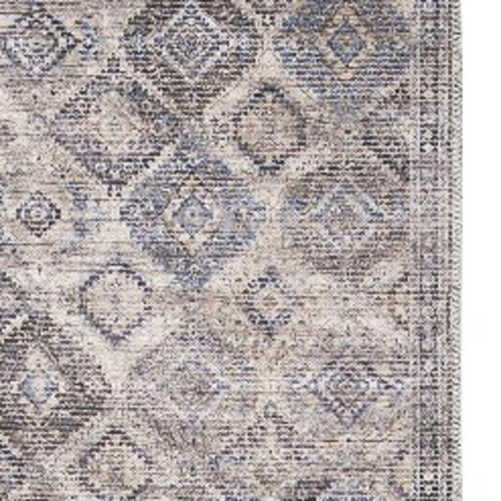 8' Ivory and Tan Floral Power Loom Distressed Washable Runner Rug