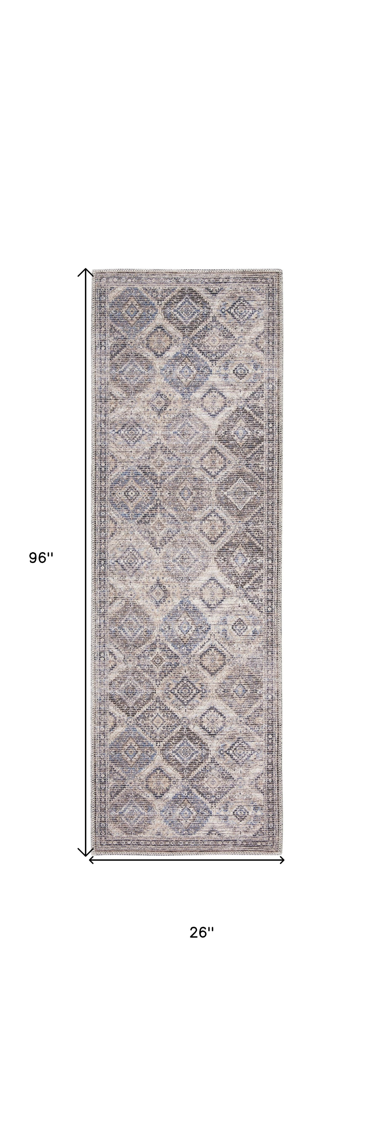 8' Ivory and Tan Floral Power Loom Distressed Washable Runner Rug