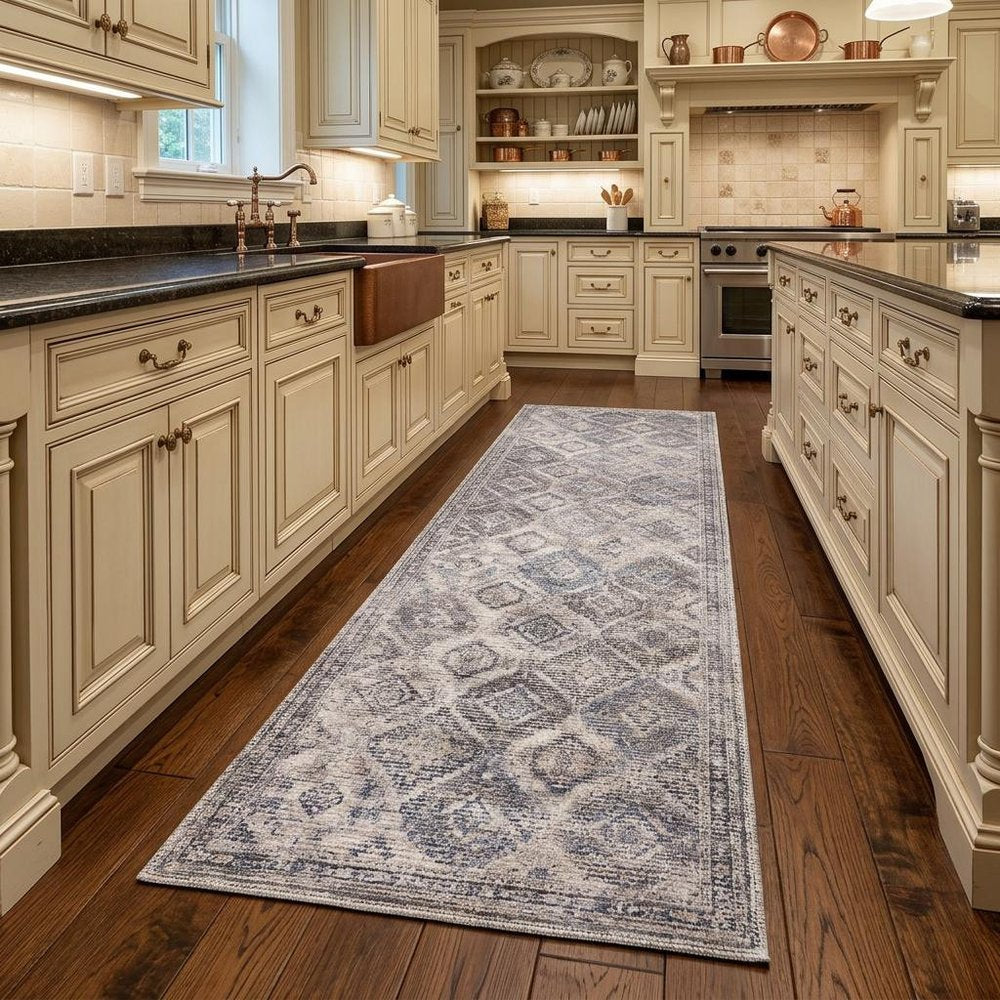 8' Ivory and Tan Floral Power Loom Distressed Washable Runner Rug