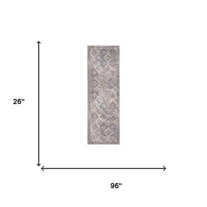 8' Ivory and Tan Floral Power Loom Distressed Washable Runner Rug