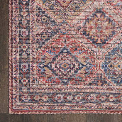 8' Blue and Red Floral Power Loom Distressed Washable Runner Rug