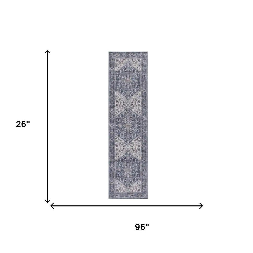 8' Green and Ivory Floral Power Loom Distressed Washable Runner Rug