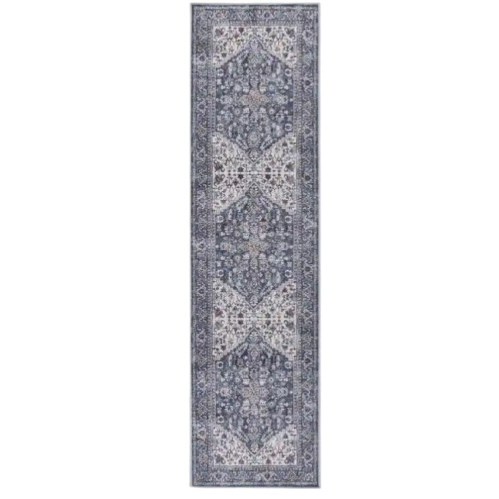 8' Green and Ivory Floral Power Loom Distressed Washable Runner Rug