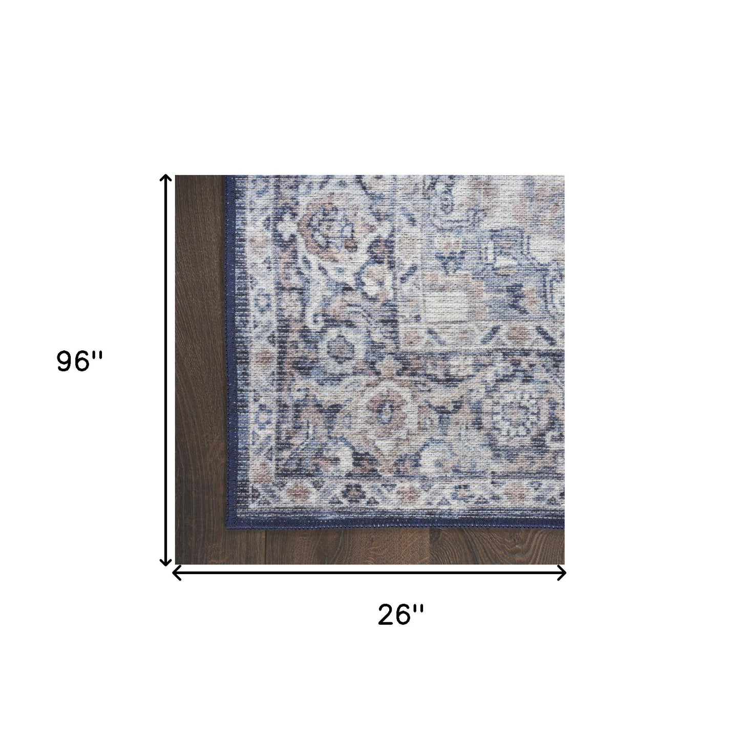 8' Blue and Ivory Floral Power Loom Distressed Washable Runner Rug