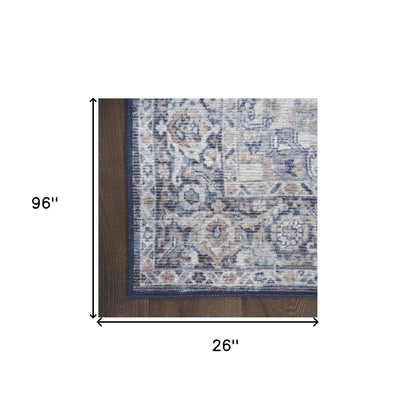 8' Blue and Ivory Floral Power Loom Distressed Washable Runner Rug