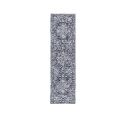 8' Blue and Ivory Floral Power Loom Distressed Washable Runner Rug
