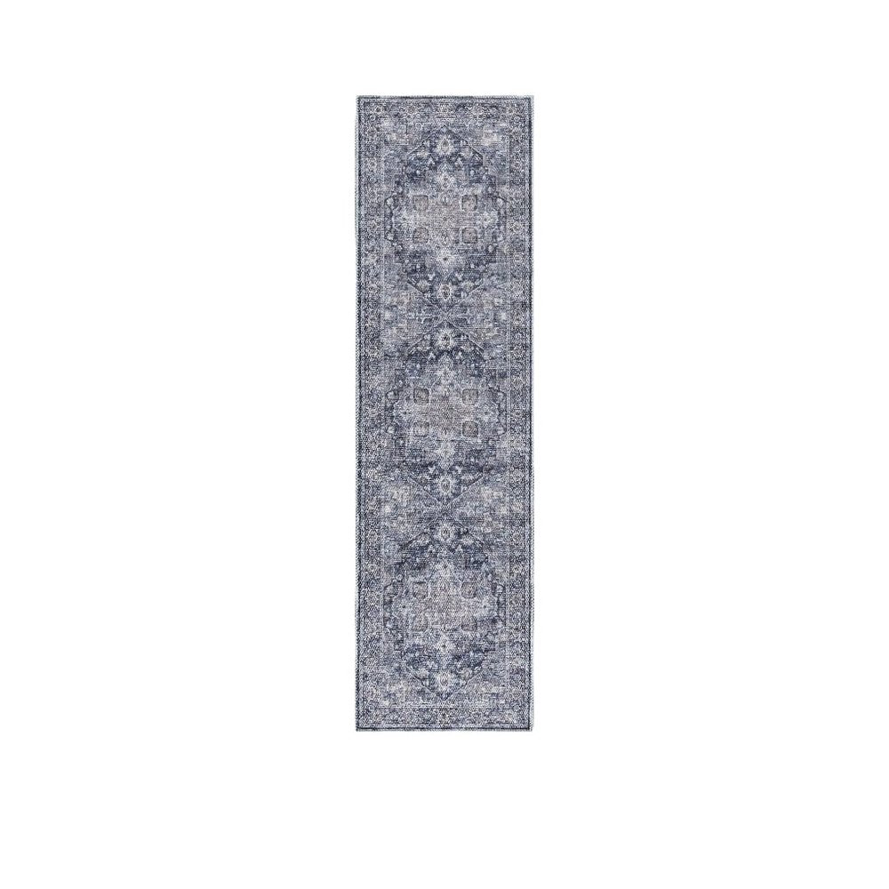 8' Blue and Ivory Floral Power Loom Distressed Washable Runner Rug