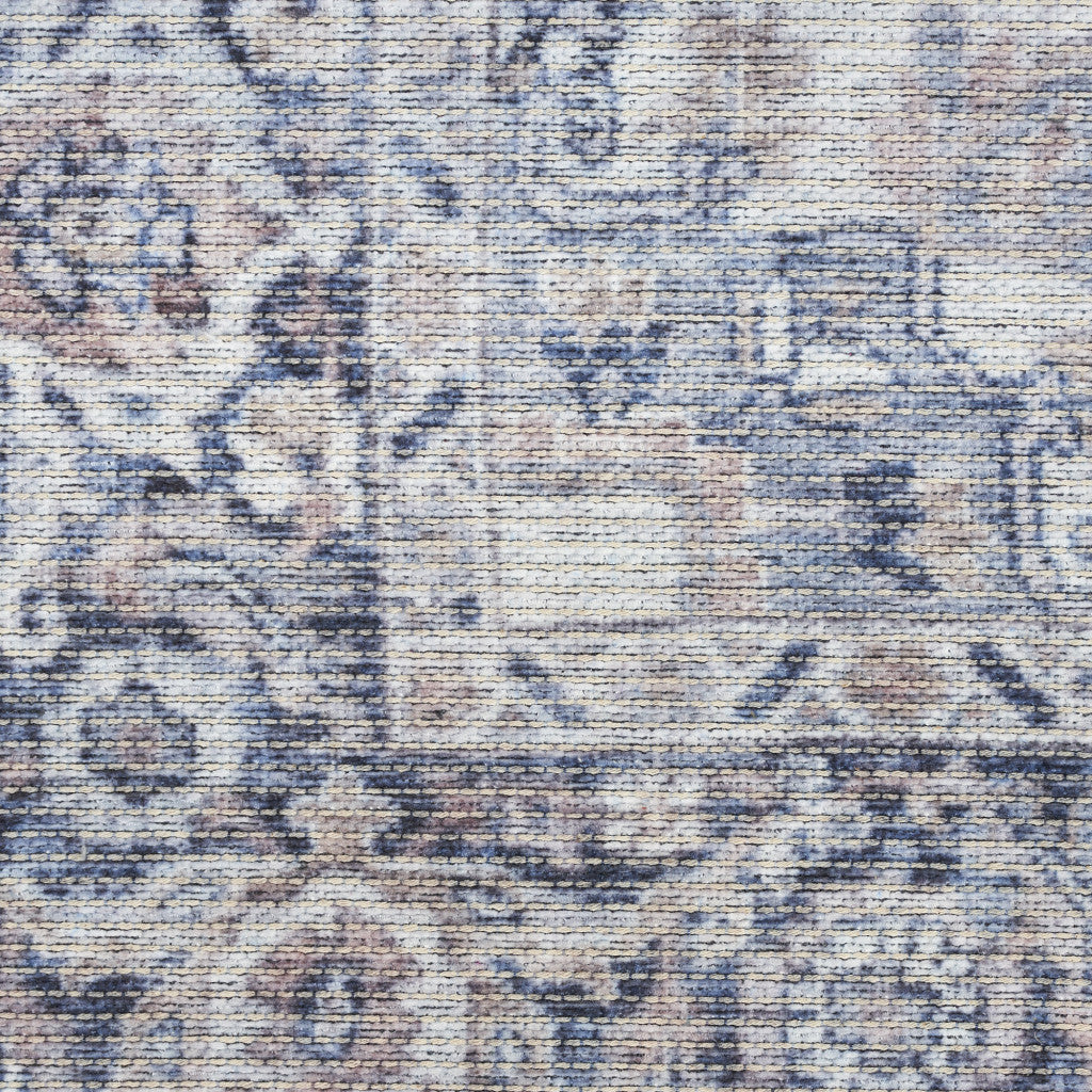 8' Blue and Ivory Floral Power Loom Distressed Washable Runner Rug