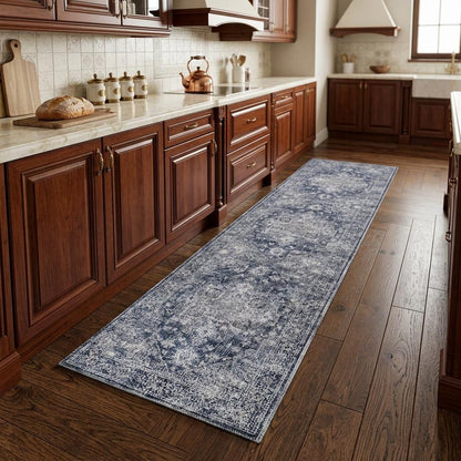 8' Blue and Ivory Floral Power Loom Distressed Washable Runner Rug