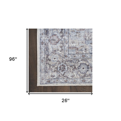 8' Beige and Ivory Floral Power Loom Distressed Washable Runner Rug