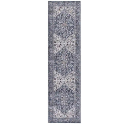 8' Blue and Ivory Floral Power Loom Distressed Washable Runner Rug