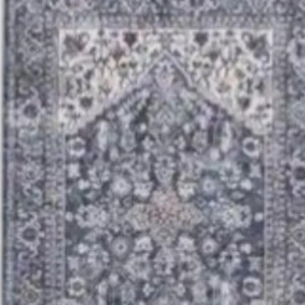 8' Blue and Ivory Floral Power Loom Distressed Washable Runner Rug